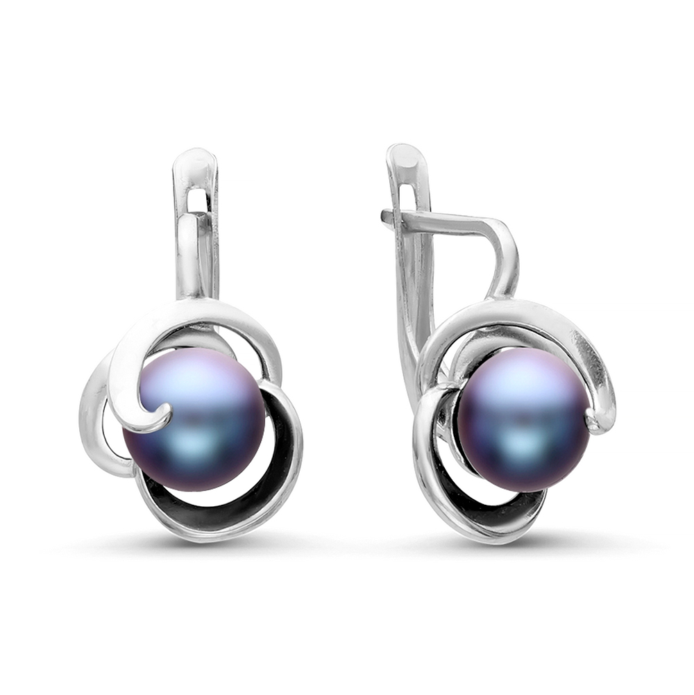 Серьги из серебра 925 пробы с черными жемчужинами 7-7,5 мм. Артикул 10766