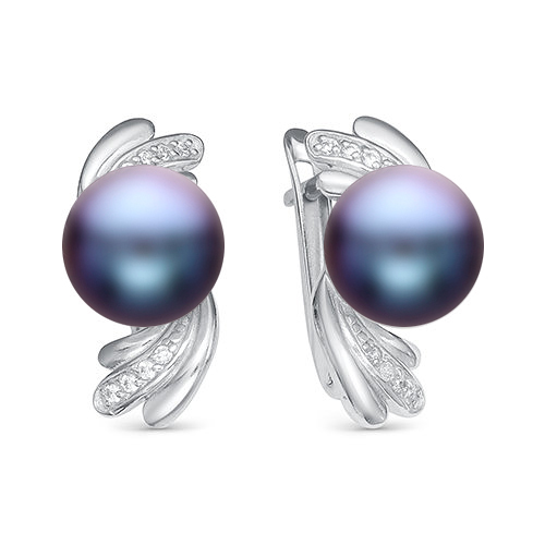 Серьги из серебра 925 пробы с черными жемчужинами 7-7,5 мм. Артикул 11348
