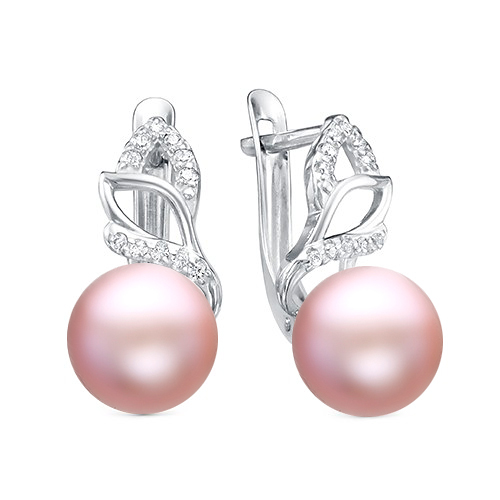 Серьги из серебра 925 пробы с розовыми жемчужинами 9,5-10 мм. Артикул 12209