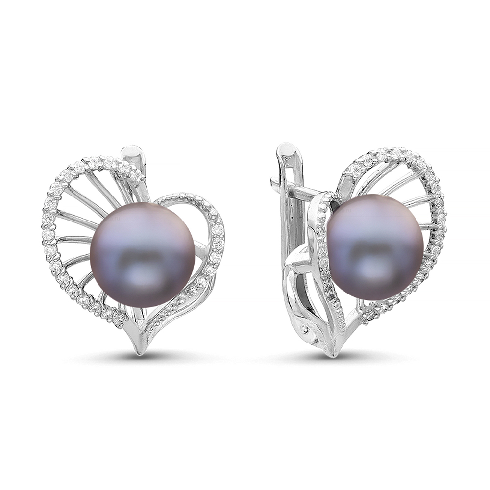 Серьги из серебра 925 пробы с черными жемчужинами 7,5-8 мм. Артикул 11897