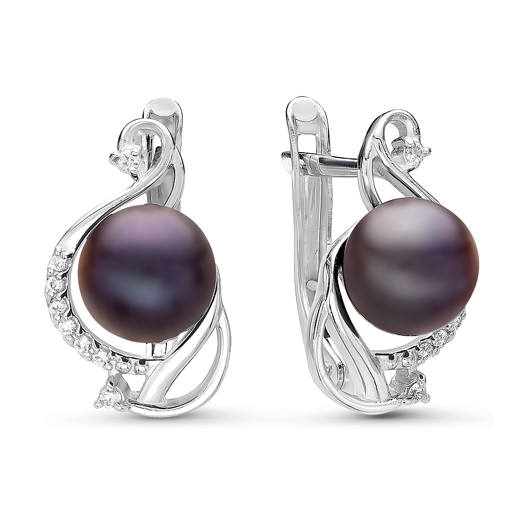 Серьги из серебра 925 пробы с черными жемчужинами 7,5-8 мм. Артикул 10789