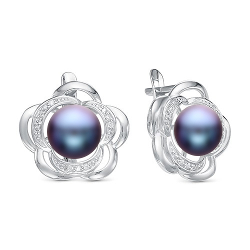 Серьги из серебра 925 пробы с черными жемчужинами 8,5-9 мм. Артикул 10402