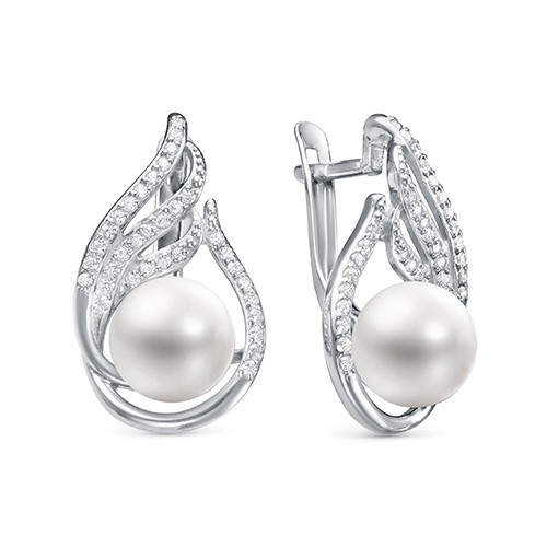 Серьги из серебра 925 пробы с белыми жемчужинами 8,5-9 мм. Артикул 12615