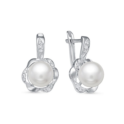 Серьги из серебра 925 пробы с белыми жемчужинами 8-8,5 мм. Артикул 12397