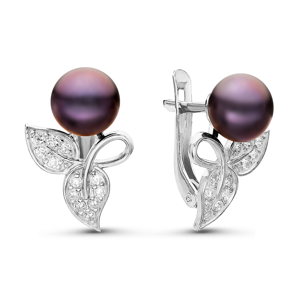 Серьги из серебра 925 пробы с черными жемчужинами 7-7,5 мм. Артикул 10796