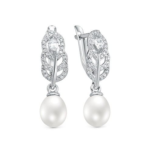 Серьги из серебра 925 пробы с белыми жемчужинами 7,5-8 мм. Артикул 12410