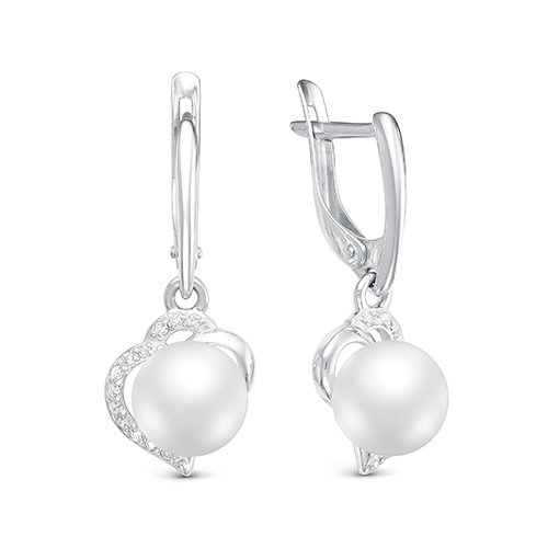 Серьги из серебра 925 пробы с белыми жемчужинами 7-7,5 мм. Артикул 10086