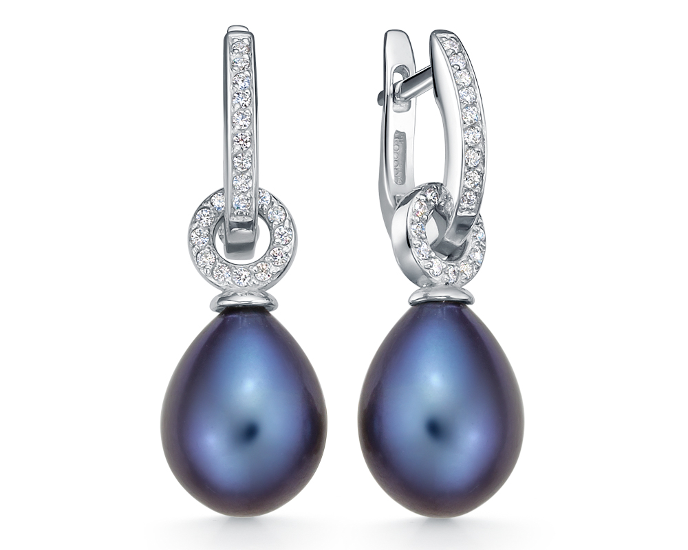 Серьги из серебра 925 пробы с черными жемчужинами 8,5-9 мм. Артикул 11337