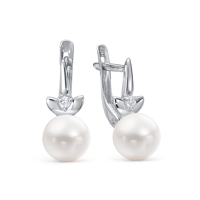Серьги из серебра 925 пробы с белыми жемчужинами 8,5-9 мм. Артикул 10094