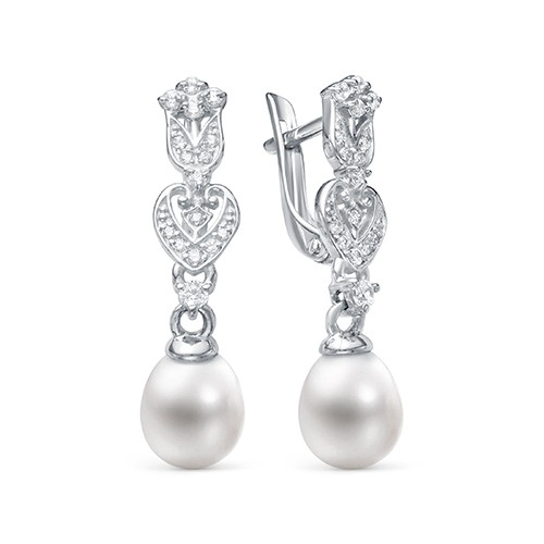 Серьги из серебра 925 пробы с белыми жемчужинами 7,5-8 мм. Артикул 12200