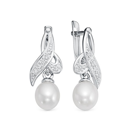 Серьги из серебра 925 пробы с белыми жемчужинами 7,5-8 мм. Артикул 9403