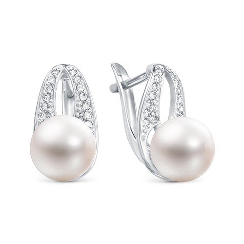 Серьги из серебра 925 пробы с белыми жемчужинами 8,5-9 мм. Артикул 10817