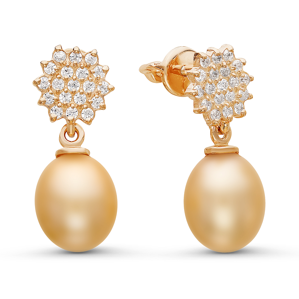 Серьги из серебра 925 пробы с золотистыми жемчужинами 8-8,5 мм. Артикул 10774