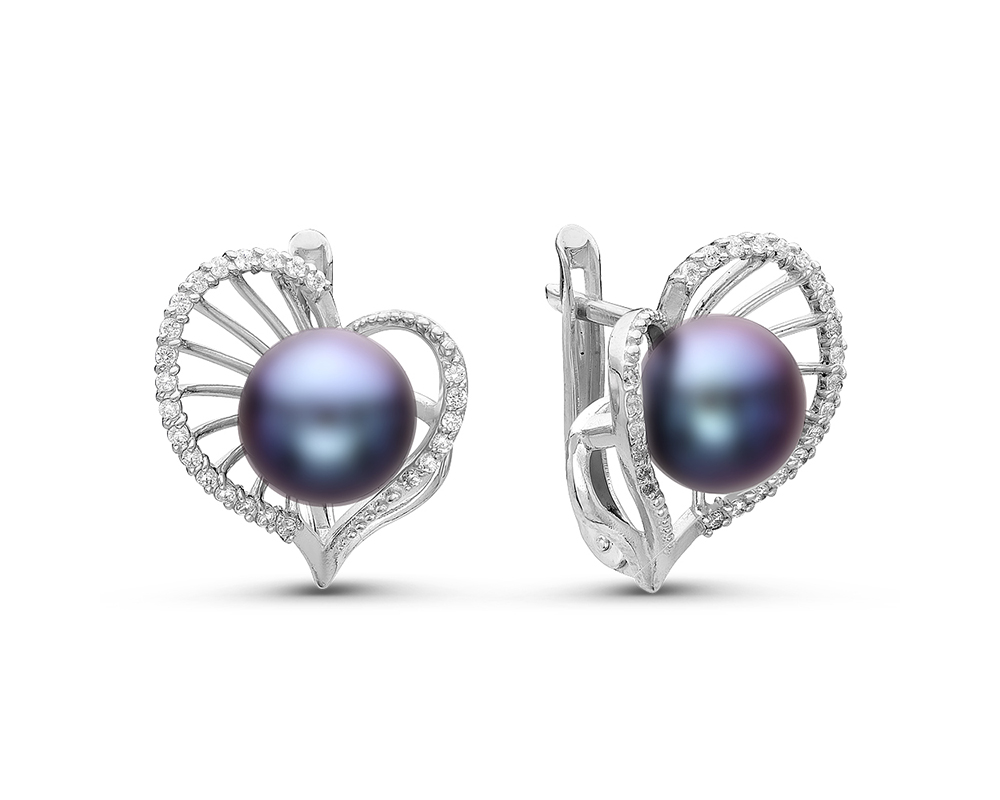 Серьги из серебра 925 пробы с черными жемчужинами 7,5-8 мм. Артикул 11897