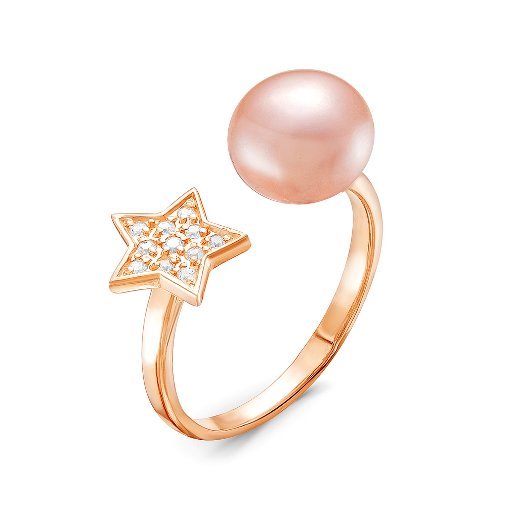Двойное кольцо "Dior" из позолоченного серебра 925 пробы с розовой жемчужиной 8,5-9 мм. Артикул 11582