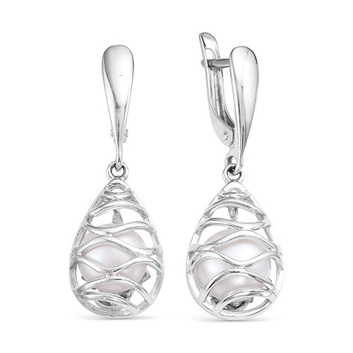Серьги из серебра 925 пробы с белыми жемчужинами 8-8,5 мм. Артикул 10218