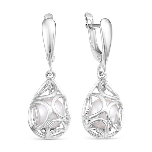 Серьги из серебра 925 пробы с белыми жемчужинами 8-8,5 мм. Артикул 12407