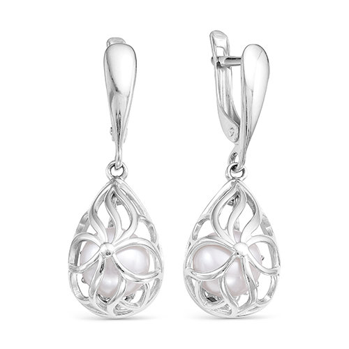 Серьги из серебра 925 пробы с белыми жемчужинами 8 мм. Артикул 11538