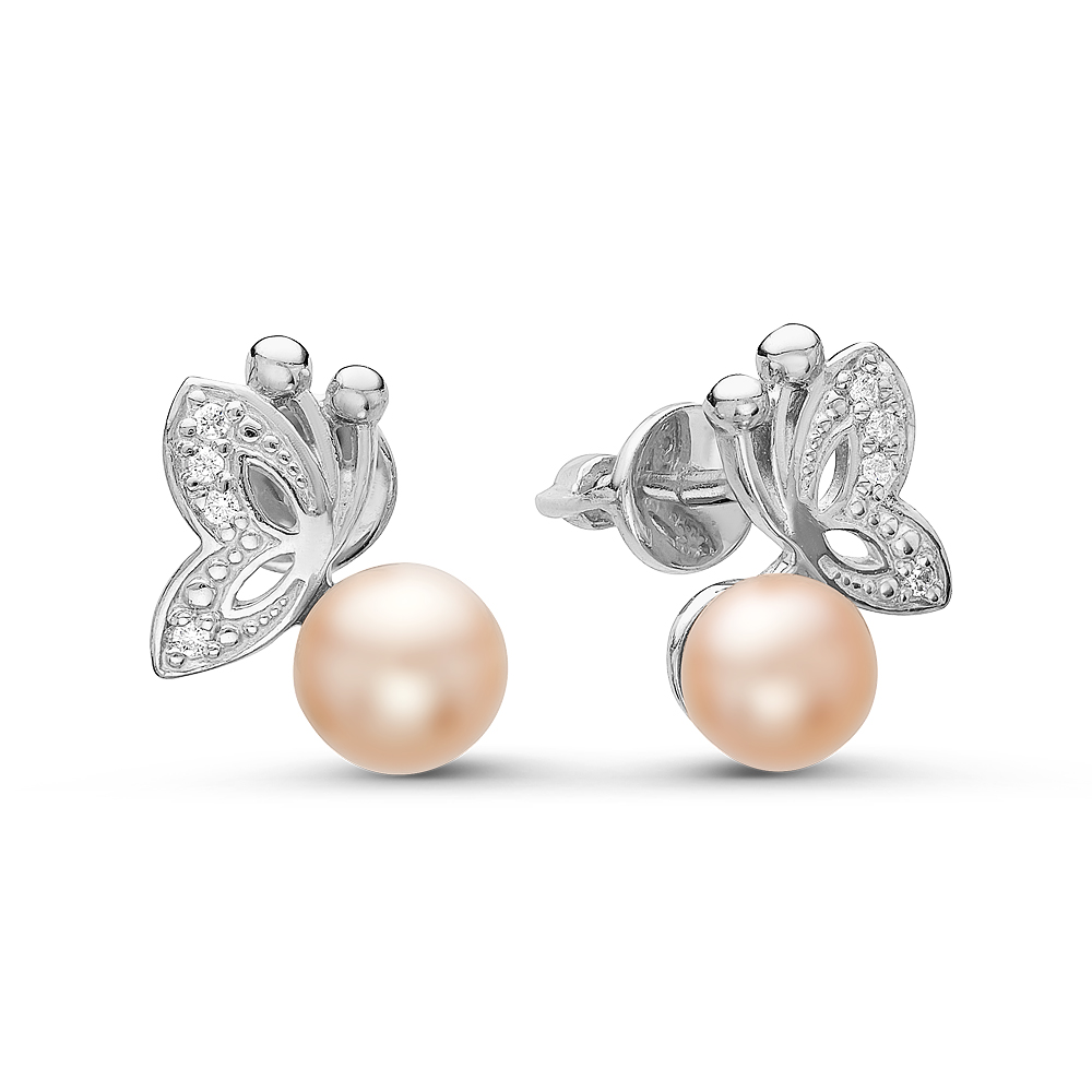 Серьги из серебра 925 пробы с розовыми жемчужинами 6,5-7 мм. Артикул 10792
