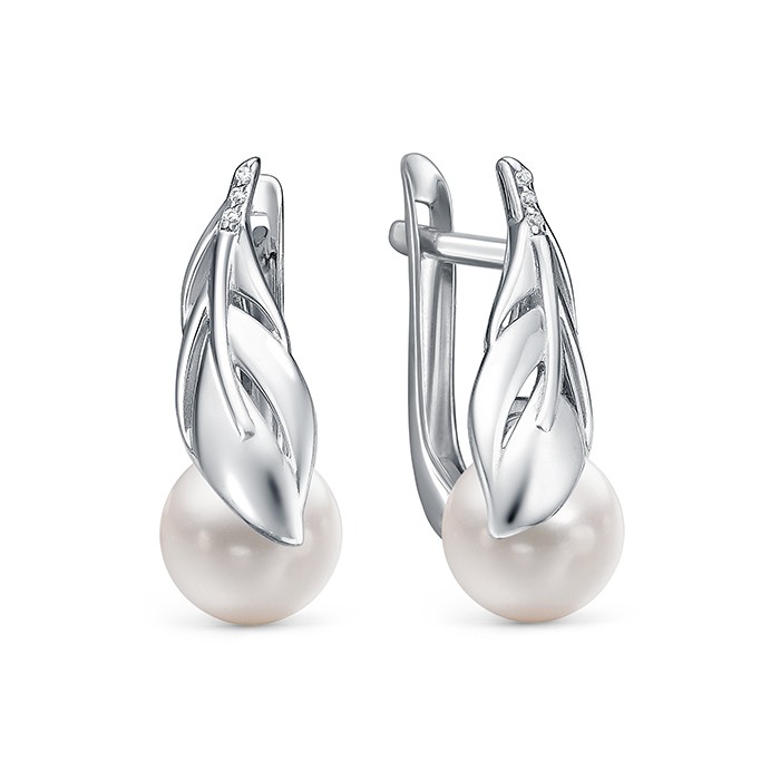 Серьги из серебра 925 пробы с белыми жемчужинами 7,5-8 мм. Артикул 10389