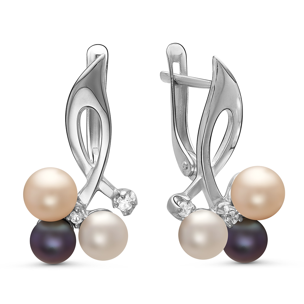 Серьги из серебра 925 пробы с белыми, черными и розовыми жемчужинами 4,5-7 мм. Артикул 10986