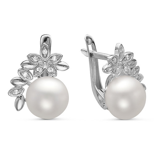 Серьги из серебра 925 пробы с белыми жемчужинами 8-8,5 мм. Артикул 10425