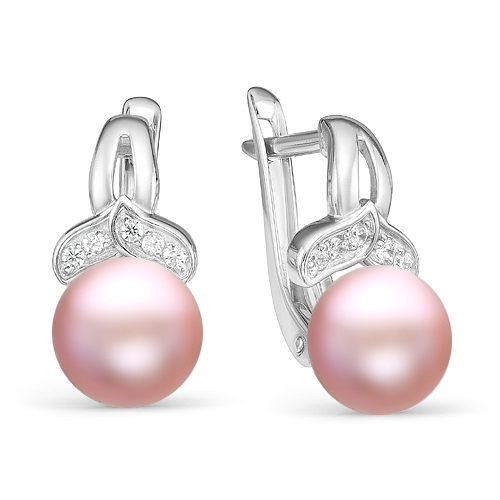 Серьги из серебра 925 пробы с розовым жемчугом 9,5-10 мм. Артикул 10400