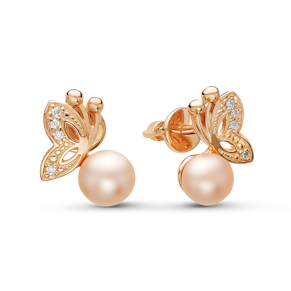 Серьги из серебра 925 пробы с розовыми жемчужинами 6,5-7 мм. Артикул 10791