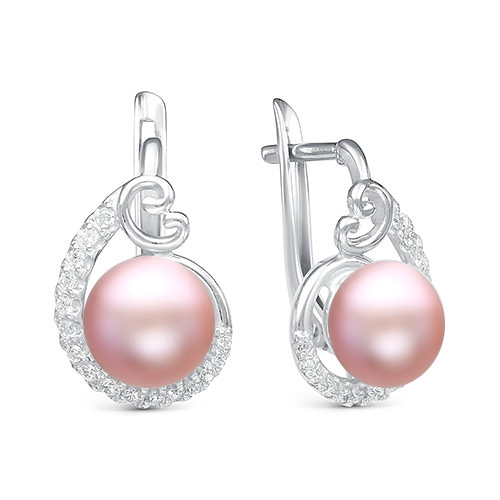 Серьги из серебра 925 пробы с розовыми жемчужинами 9,5-10 мм. Артикул 10388
