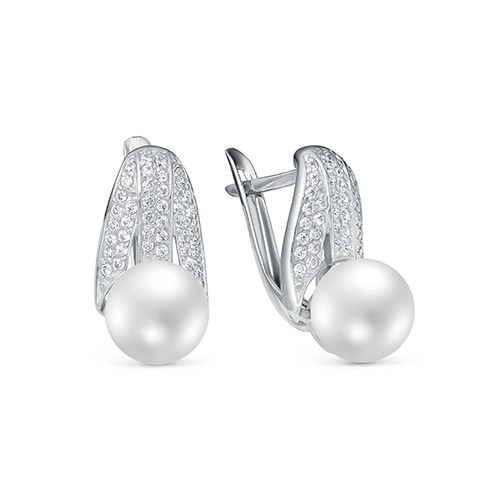 Серьги из серебра 925 пробы с белыми жемчужинами 8-8,5 мм. Артикул 11365