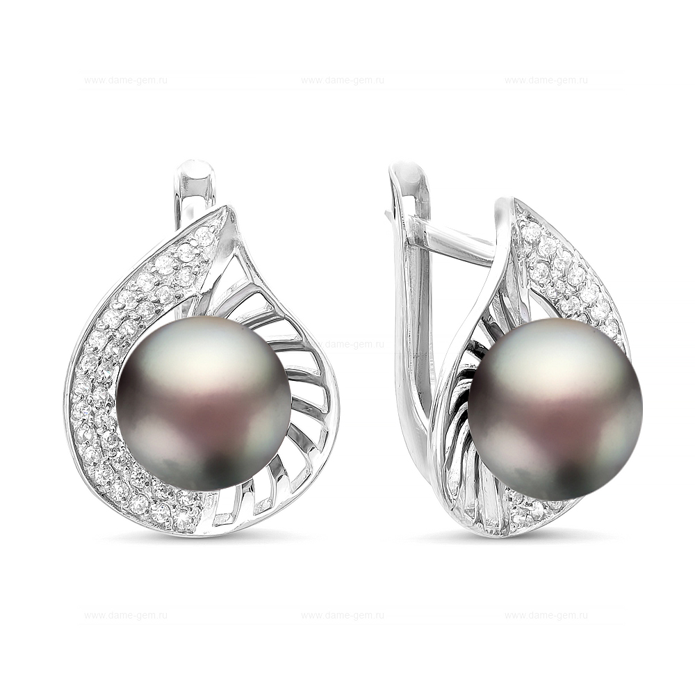 Серьги из серебра 925 пробы с черными жемчужинами 8,5-9 мм. Артикул 11336
