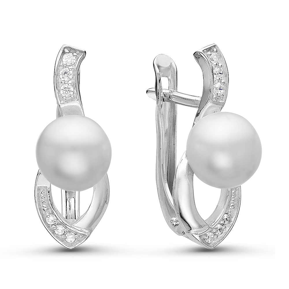 Серьги из серебра 925 пробы с белыми жемчужинами 7-7,5 мм. Артикул 10788