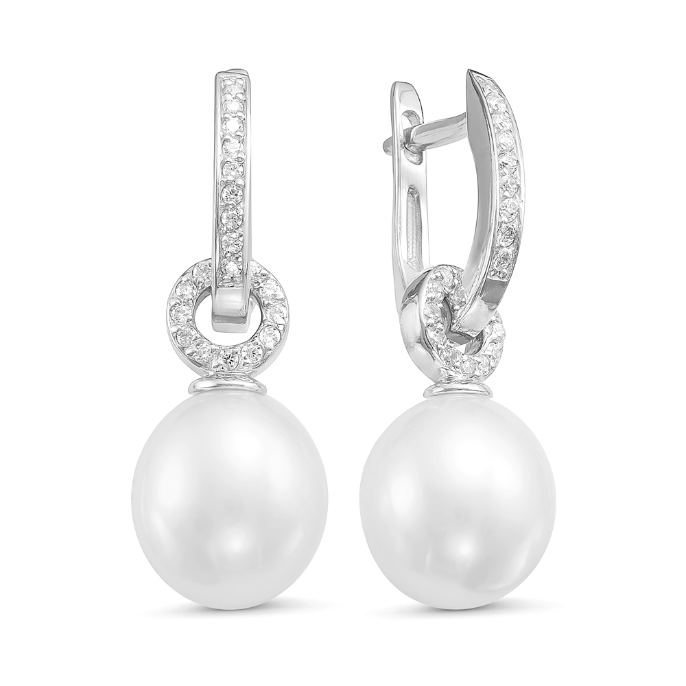 Серьги из серебра 925 пробы с белыми жемчужинами 9-10 мм. Артикул 11938