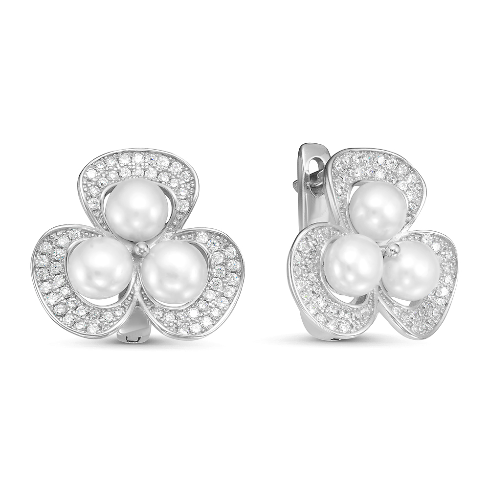 Серьги из серебра 925 пробы с белыми жемчужинами 5,5-6 мм. Артикул 10418