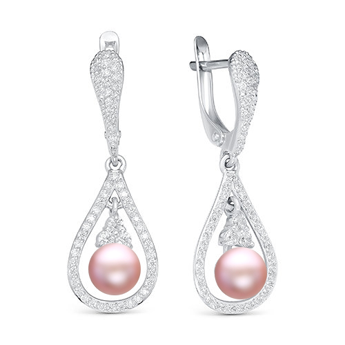 Серьги из серебра 925 пробы с розовыми жемчужинами 6,5-7 мм. Артикул 11870