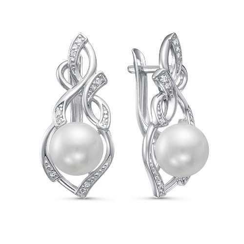 Серьги из серебра 925 пробы с белыми жемчужинами 8-8,5 мм. Артикул 12395