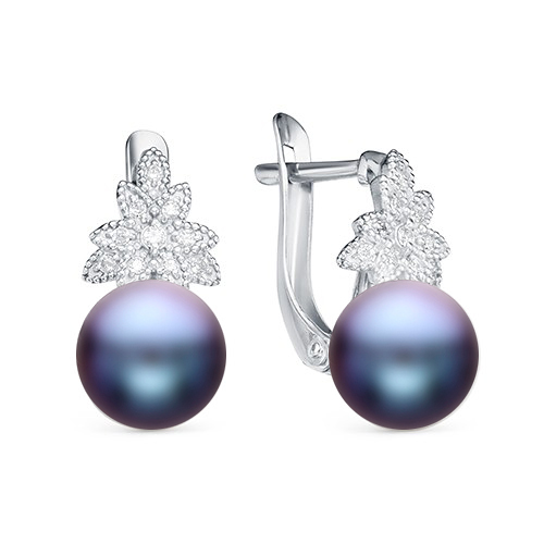 Серьги из серебра 925 пробы с черными жемчужинами 7,5-8 мм. Артикул 11520
