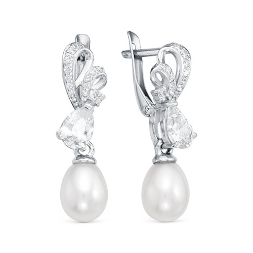 Серьги из серебра 925 пробы с белым каплевидным жемчугом 7,5-8 мм. Артикул 12393