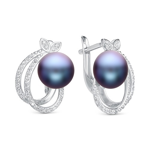 Серьги из серебра 925 пробы с черными жемчужинами 8,5-9 мм. Артикул 11114