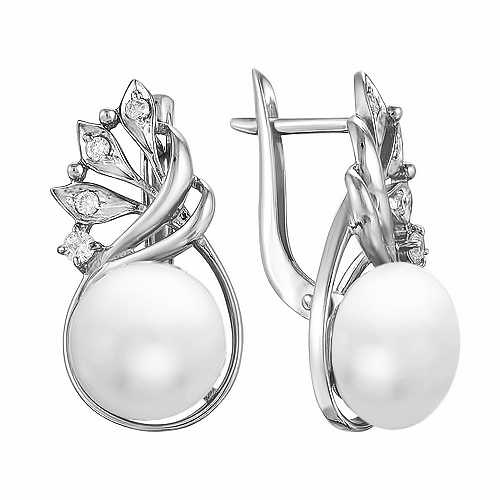 Серьги из серебра 925 пробы с белыми жемчужинами 9,5-10 мм. Артикул 11554