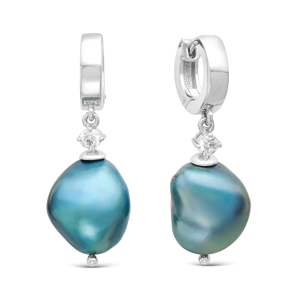 Серьги из серебра 925 пробы с голубыми жемчужинами 11-12 мм. Артикул 11562